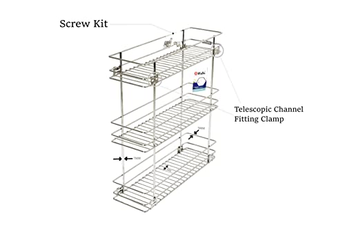 NNIDHI Stainless Steel Modular Bottle Pullout Basket For Modular Kitchen|Triple Pullout Basket| Rack| Organizer-7Mm (8W X 20D X 21H Inches ) With 1 Pair 20Inch Telescopic Channel, Pull-Out Shelves