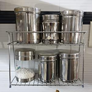 CR18 COLLECTION Stainless Steel Kitchen Rack, Organizer and Space Saver, Counter top Stainless Steel Kitchen Stand 2-Tier Trolley Basket for Boxes Utensils Dishes Plates for Home, Tiered Shelf