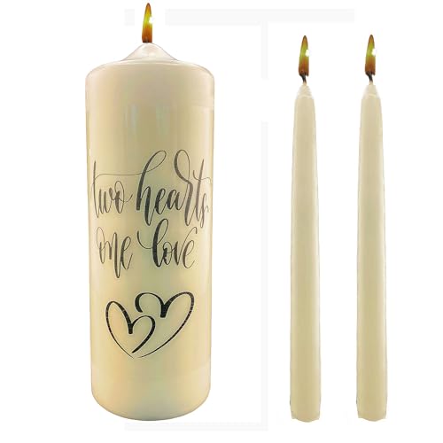 Two Hearts, One Love Wedding Unity Candle Set or Memento with ivory pillar and tapers