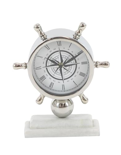 Deco 79 43508 Stainless Steel and Marble Ships Wheel Table Clock, 8" x 9", Silver/White