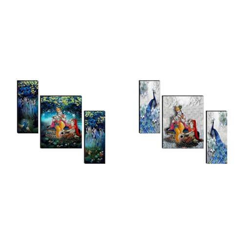 SAF Set of 3 Radha Krishna UV Textured Religion Adhesive Painting 18 Inch X 12 Inch Set of 3 Radha Krishna with Couple Peacock UV Textured Adhesive Painting - 18 Inch X 12 Inch