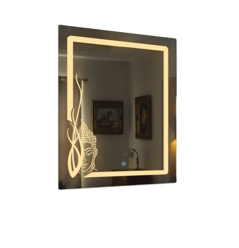 SmileSellers Led Mirror with Buddha Large Front Light Mirror (30x24 inch) (WhiteLight+WarmLight+Cool Day Light) (Rectangular, Framed, Wall Mounting)