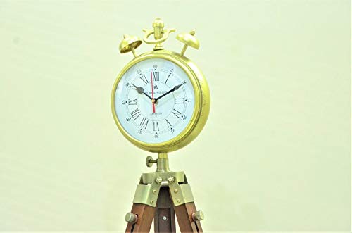 Decor Instruments Two Bell Handmade Designer Wood and Metal Clock with Adjustable Wooden Tripod Home and Office Decor