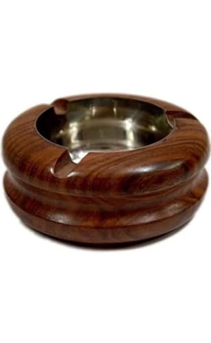 Eversky 01 Handicraft India Wooden Hand Crafted Carved Decorative Round Ashtray with 3 Spots for Resting While Smoking Car/Home/Garden/Kitchen Diwali Gift