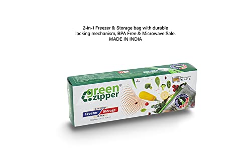 GREEN ZIPPER Seal Freezer Food Storage Bags 15 Bags in 1 Box Microwave Safe, Re-usable, Washable, Transparent & BPA Free (SMALL)(Plastic)