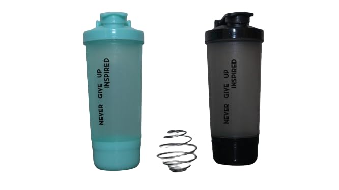 AWARANSIA 600ml Protein Shaker Bottle for Protein Mix with Storage Compartment and Stainless Steel Blender Ball for Pre/Post Workout Drinks, Gym, Cycling (Set of 2)