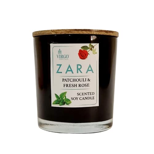 Virgo Creations Zara Glass Jar Candle, Soy Wax Patchouli-Fresh Rose Fragrance, Glossy Black Glass Jar Candle with Metal Lid, Aromatherapy Décor Gifts, Jar Size 7x7x8 cm, Pack of 1