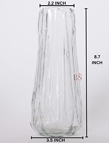 BS AMOR Glass Vase Diamond Facet Vertical Lines Shape Handmade Modern Large Flower Vases for Centerpieces Living Room Kitchen Office Wedding 8.7 Inch (Transparent)