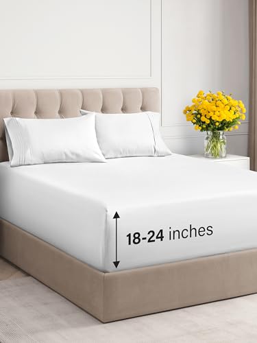 Extra Deep Pocket Cal King Sheets - 4 Piece Breathable & Cooling Bed Sheets - Hotel Luxury Bed Sheet Set - Soft, Wrinkle Free & Comfy - Easily Fits Extra Deep Mattresses - Deep Pocket White Sheets Set