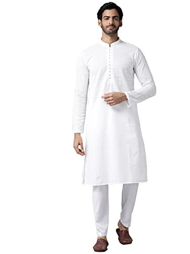 See Designs Mens Kurta | Specially Crafted and Designed for The Eid Festival White Cotton Embroidered Kurta with Pajama Set Mandarin Collar Long Sleeves Chikankari Kurta | SDKT109301L