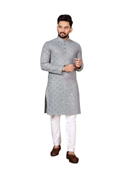 FOXDX Pure Soft Cotton Kurta Men with Embroidery Mirror Work (Large, Grey)