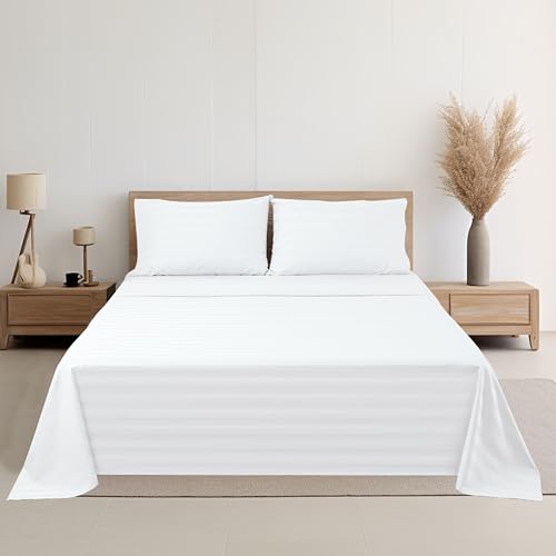 Cotton King Flat Sheet Only, 600 Thread Count 100% Egyptian Cotton Top Sheet 1Pcs, Cool & Breathable Flat Bed Sheets Wrinkle, Fade, Stain Resistant (White Stripe King)