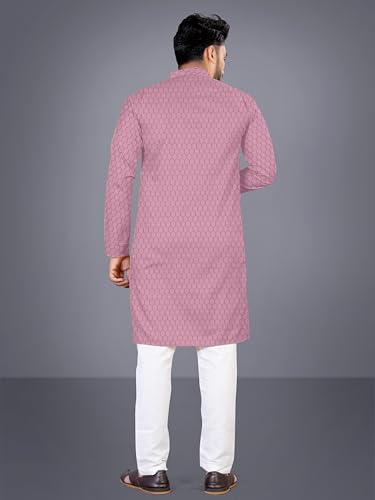 MAYPRA Men's Popcorn Cotton Blend Tailored-Fit Textured Long Kurta Full Sleeves - Casual Ethnic Wear (Large, Pink)