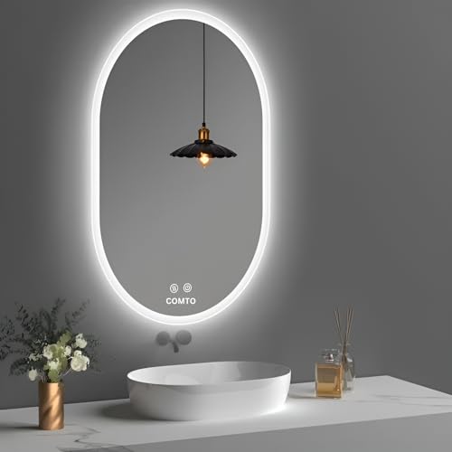 COMTO Oval LED Wall-Mounted Bathroom Vanity Mirror with Anti-Fog and Dimmable LED Light with Touch Sensor,Backlit White, Warm White, Natural White LED Light (Size 24x36inch)