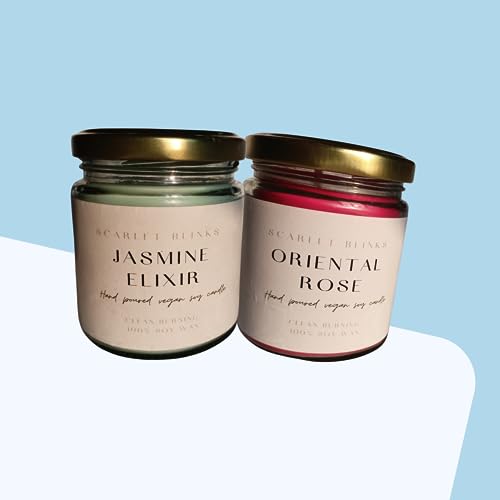 Scarlet Blinks Jasmine Elixir and Oriental Rose | Soy Wax Candles | Aroma Therapy Candles | Burning Time :-45 HRS Pack of 2