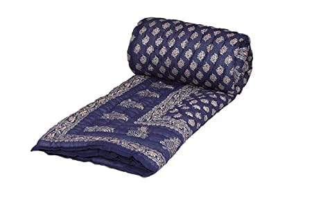 fashhub Cotton Gold Print Jaipuri Light Weight Double Bed Razai | Dark Blue Quilt (85" x 100")