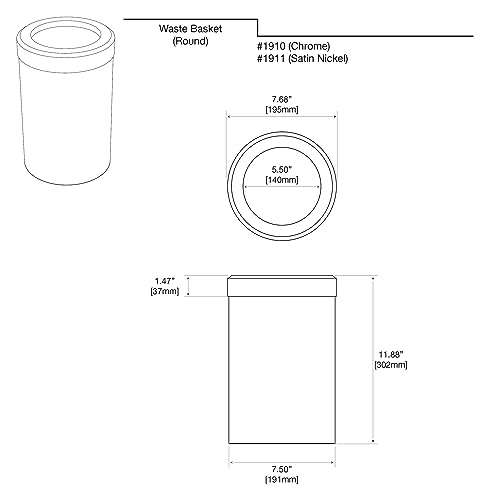 Gatco 1910 Waste Can Modern Bathroom, Kitchen, Office Trash Bin, Round, Chrome