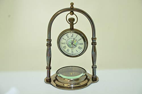 USEW Handmade Nautical Antique Brass Desk & Shelf Clock with Compass Base Antique Brass Desk Hanging Clock with Compass – Roman Dial.