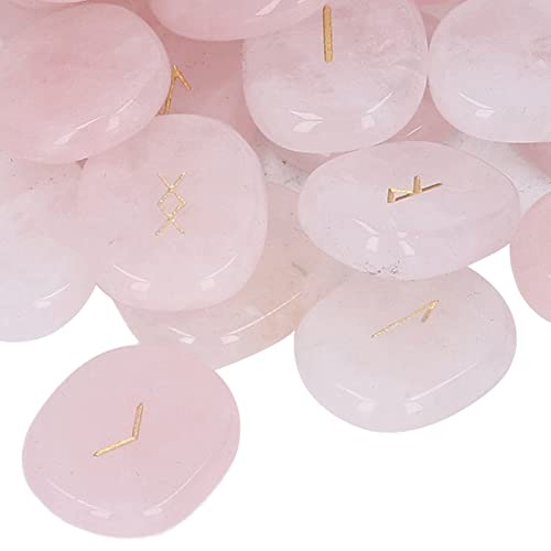 Stones Set, Natural Rune Stones Set Smoother Engraved Fine Polishing with Storage Bag for Gift (Rose Quartz)