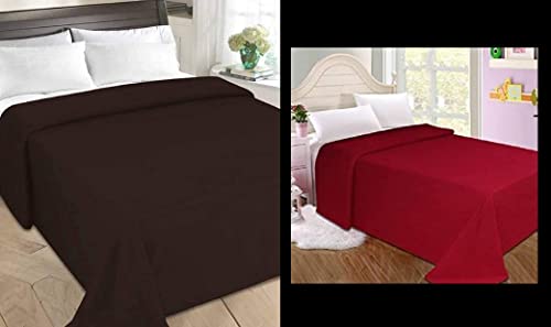 Wavva® Plain Fleece 2 Single Bed Blankets-Brown,Red (Set of 2)