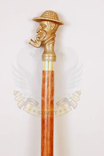 Spartan Street Antique Brass Sherlock Holmes Handle Wooden Crafted Wooden Shaft Walking Cane