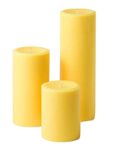 AmodaCandles, Set of 3 Large Round Pillar Candles, Yellow