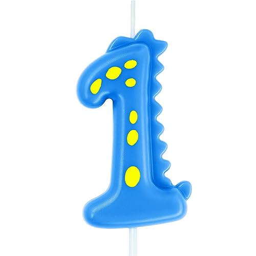 Dinosaur Candle 1, eusbon 2.76" Blue Dino Candle Number 1 for 1st Birthday Theme Party Number Candle Topper for Cake Decoration