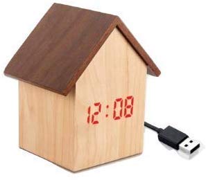 Stupefying HUT Shape Wooden LED Clock with Temperature and Sound Sensor (Dual Power : USB Cable/Battery)