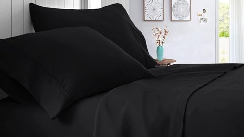 BALAJI EXPORT- 100% Cotton 300 TC Flat Bedsheet 3 PC Set- Sateen Finish Luxurious Bedsheet with 2 Pillow Cover- Egyptian Cotton Bedsheet- Hotel Quality & Breathable- Black Solid, Single Size