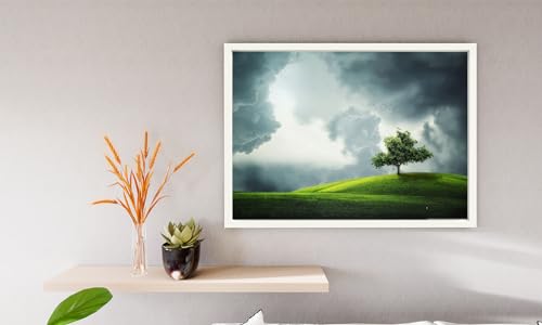 VERRE ART Printed Framed Canvas Painting for Home Decor Office Wall Studio Wall Living Room Decoration (14x10inch White Floater) - Lone Tree on a Hill