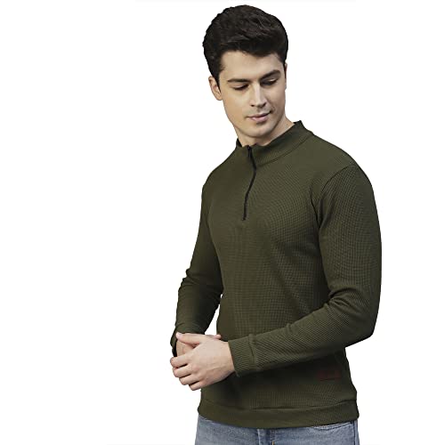 Rigo Men Olive Henley Neck Full Sleeves Waffle Knit T-Shirt