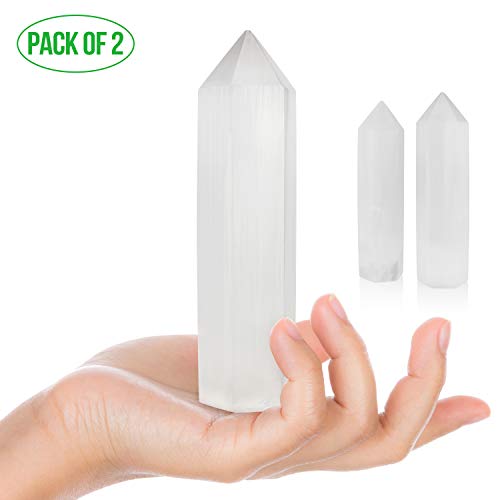 Set of 2-5.75" Selenite Tower Crystal Point Wand Generator Obelisk for Energy Cleansing, Meditation, Reiki, Intuition, Insight, Spiritual Healing, Collection of Healing Crystals and Stones