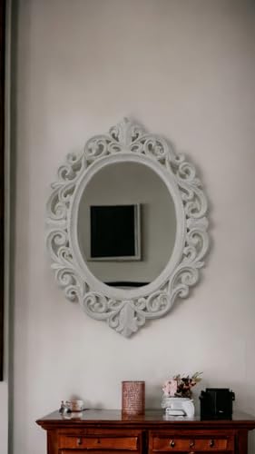 Taksha Decors Carved Wooden Frame Mirror | Intricate Wooden Carving | Royal White duco Paint | 12 inches