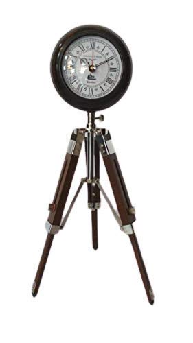 AHSKY Clock Handicraft Wooden Tripod Stand Round Shape Numeric Number Antique Design Table Clock for Office, Hotel, Hallway Dining & Living Room (Brown)