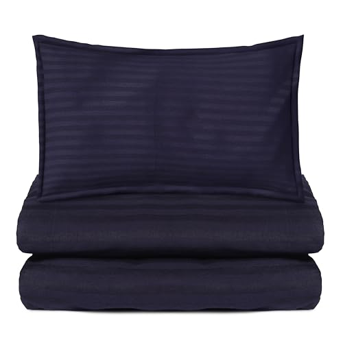 CloudWeave Home Company's Premium 210TC Cotton Striped Hotel Bedsheets for Double Bed, Fitted Bedsheet 60 x 72 inches & 8 Inch Drop with 2 Pillow Covers 18 x 27 Inches. Navy Blue Bedsheet