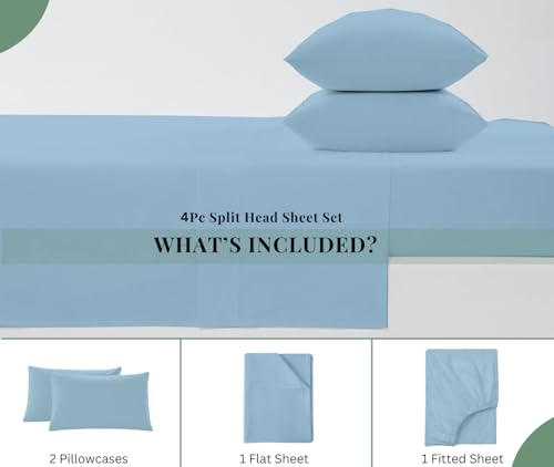 Top split king sheets sets for adjustable beds, Half split king sheet sets for adjustable beds deep pocket, 39" Split Top king Sheets 400 Thread Count 100% Cotton (Half Split Fitted), Light Blue Solid