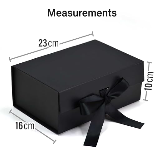 RBS® - Black Foldable Gift Box (1 Pack) Empty Gift Box with Satin Ribbon 23 x 16 x 10cm, Multipurpose Hamper Box Holds upto 5 kg Reuse Gift Boxes for Presents all occasions, Box for Packing