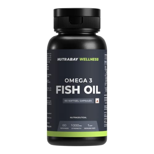 Nutrabay Wellness Omega 3 Fish Oil - 60 Capsules,180 mg EPA & 120 mg DHA for Healthy Brain, Heart, Eyes & Joints - 1000mg