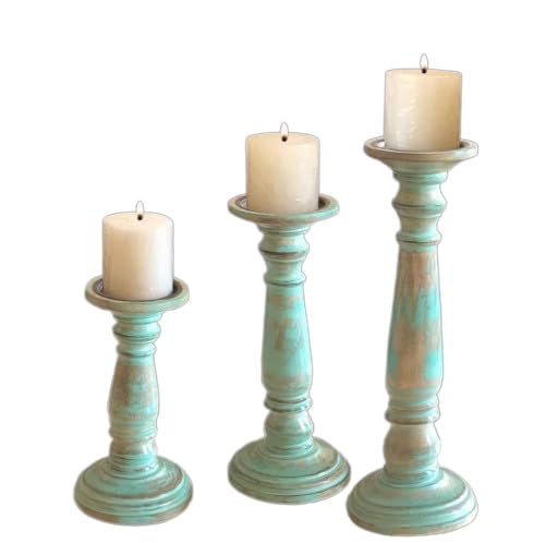 The RAAVYA Handmade Wooden Candle Stand Set of 3 | Candle Holders for Dining | Wooden Stands for Living Room (Green)