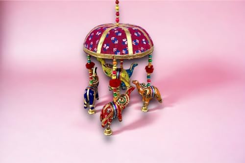 Town Craft Traditional Windchimes|Cotton Fabric Pompom Handmade Toran with 5 Decorative Hanging Elephants