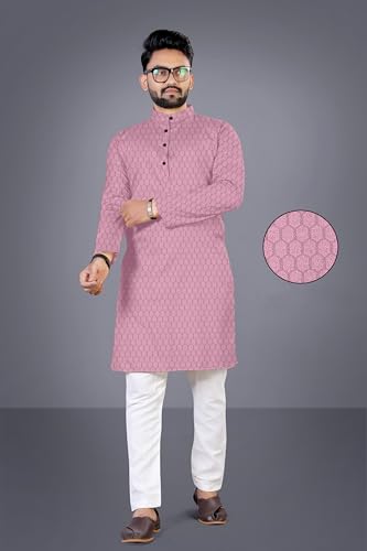 MAYPRA Men's Popcorn Cotton Blend Tailored-Fit Textured Long Kurta Full Sleeves - Casual Ethnic Wear (Large, Pink)