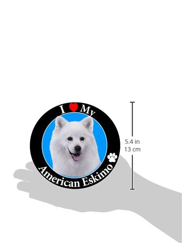 "I Love My American Eskimo" Car Magnet With Realistic Looking American Eskimo Photograph In The Center Covered In UV Gloss For Weather and Fading Protection Circle Shaped Magnet Measures 5.25 Inches Diameter