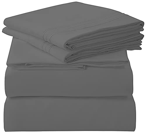 Royale Linens - 4 Piece Queen Bed Sheet - Soft Brushed Microfiber 1800 Bedding Set - 1 Fitted Sheet, 1 Flat Sheet, 2 Pillow case - Wrinkle & Fade Resistant Luxury Queen Size Sheet Set (Queen, Grey)