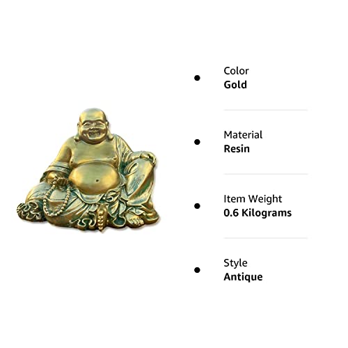 Zensational Happy, Laughing Buddha Statue – 6.5” Inches High - Handmade, Antique Gold Style - for Feng Shui Good Luck, Wealth and Happiness – Essence of Joy