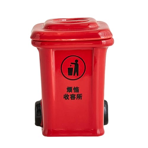 Mini Trash Can Shape Ash Holder Ceramic Portable for Living Room Office Desk Red