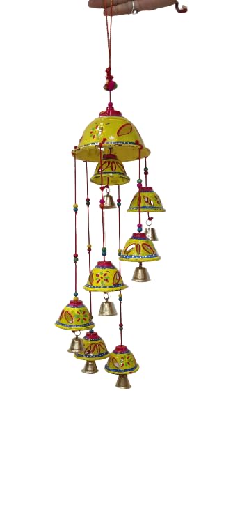 Udaan Fabric Rajasthani Design Handcrafted Hanging Windchimes| Latkan with 7 Bells for Home Décor & Positive Energy,Pack of 1 (Yellow)