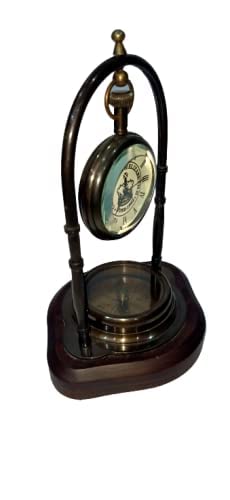 DIVINE GALLERY Clock with Magnetic Compass |Unique| Antique Style Brass Hanging Table Clock Wooden Base Design