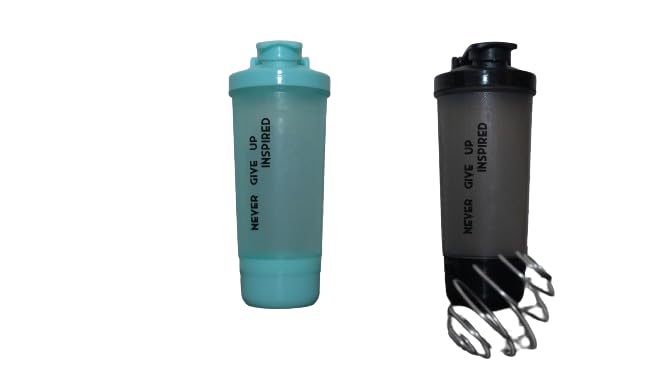 AWARANSIA 600ml Protein Shaker Bottle for Protein Mix with Storage Compartment and Stainless Steel Blender Ball for Pre/Post Workout Drinks, Gym, Cycling (Set of 2)