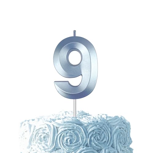 Blue 9 Number Birthday Candle for Cake, 2.76 Inch Diamond Number Cake Candles for Wedding Anniversary Decoration Happy Birthday Party Celebration