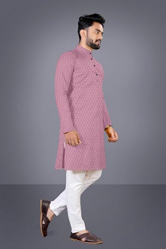 MAYPRA Men's Popcorn Cotton Blend Tailored-Fit Textured Long Kurta Full Sleeves - Casual Ethnic Wear (Large, Pink)